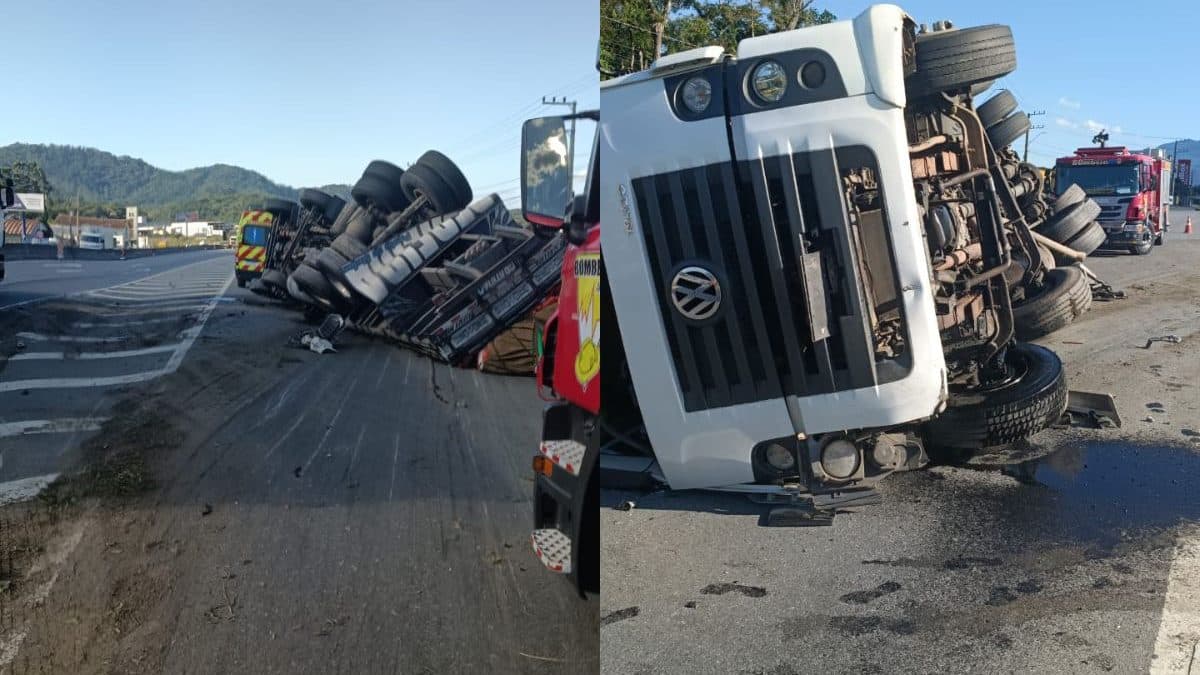 Caminhão Tomba e Interdita Acesso à BR-470 em Indaial; Motorista Ferido Levemente